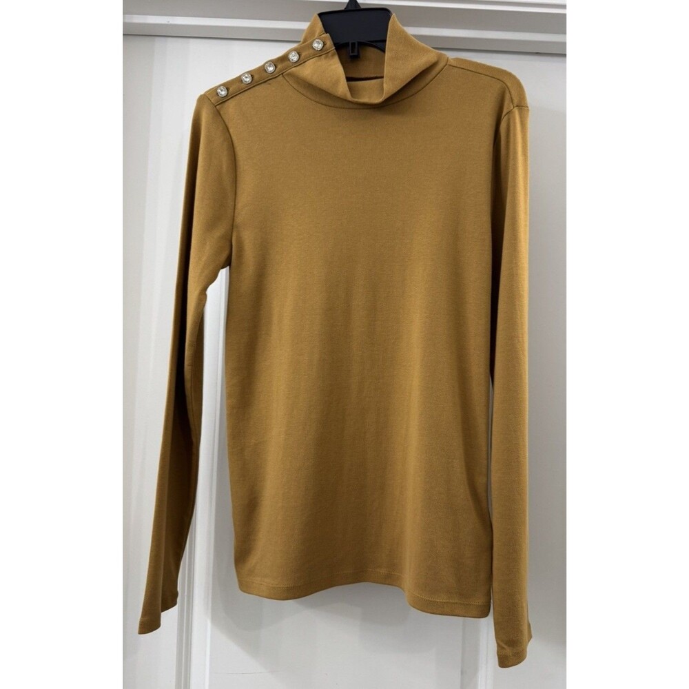NWT J.Crew Sz M Mustard Rhinestone button shoulder pullover mock neck sweater